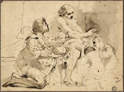 Studie pro Jacoba Blessing the Sons of Joseph (recto); Náčrty: Svatý Kryštof; Dvě postavy v rozhovoru o penězích (verze) od Guercino