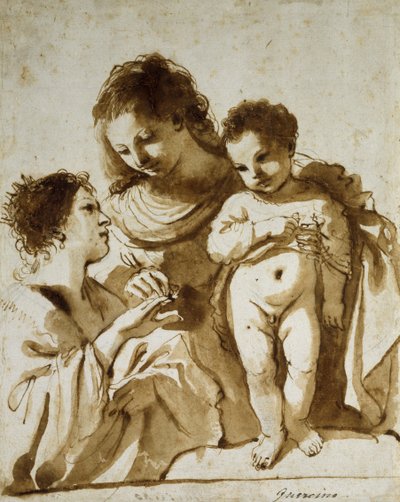 The Mystic Marriage of St Catherine, 1618-19 (pero a hnědý inkoust s hnědým přelivem na bílém papíře černou křídou) od Guercino
