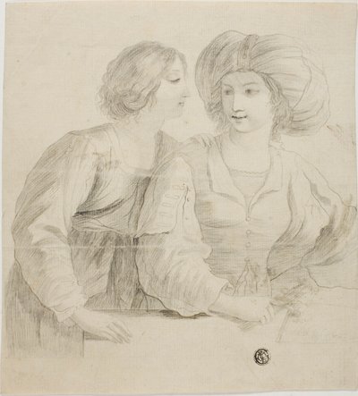 Dvě mladé ženy, jedna v turbanu, v rozhovoru od Guercino