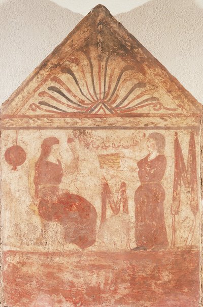 Malovaný náhrobek zobrazující ženu sedící na trůnu při předení, z Andriuolo-Laghetto v Paestum, Kampánie, Itálie od Guglielmo Bilancioni