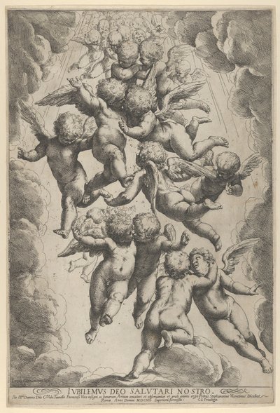Skupina andělů objímajících se v letu, orámovaná mraky, ca. 1607, ca. 1607. od Guido Reni