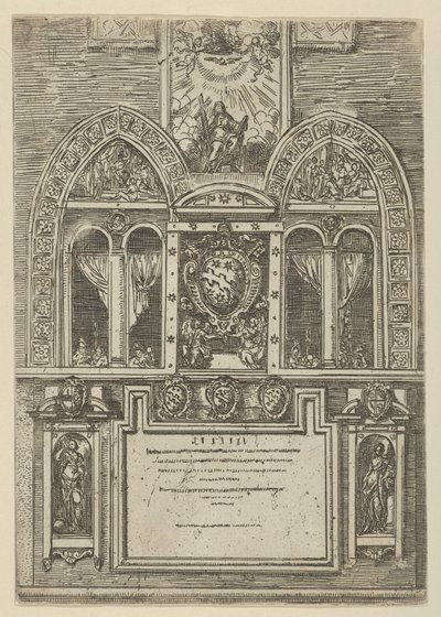 Fasáda Palazzo del Senato v Bologni s papežskými pažemi uprostřed, s dočasným ..., 1598. od Guido Reni