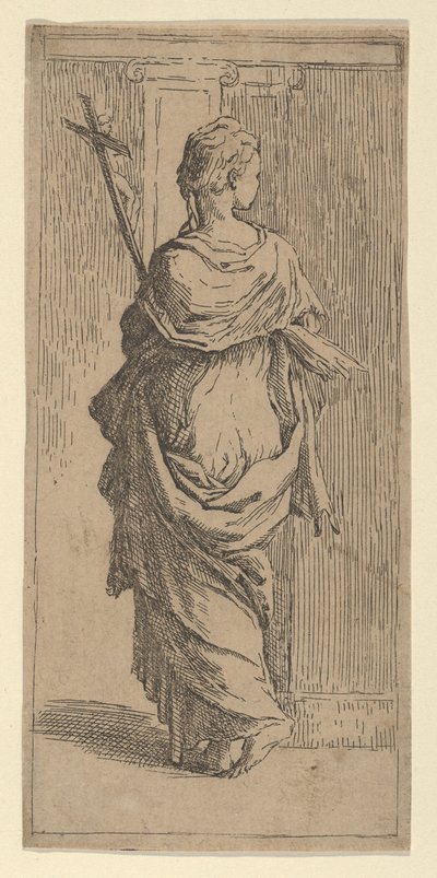 Dívka nesoucí krucifix a kráčející k pilastru, při pohledu zezadu, ca. 1590-1600. od Guido Reni