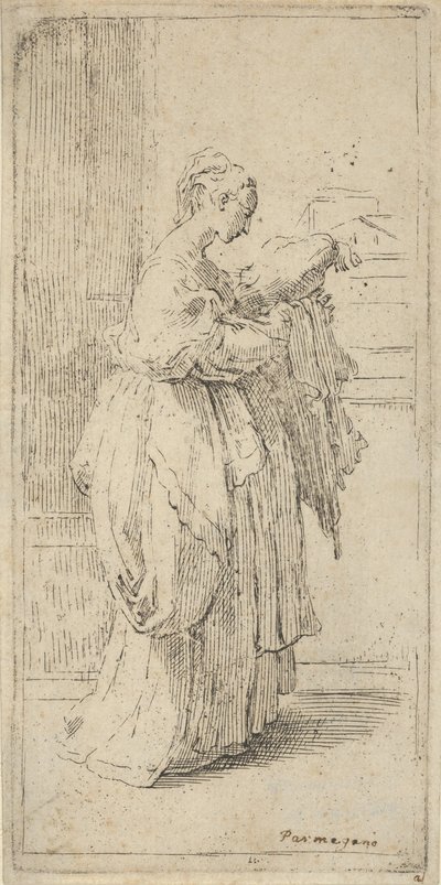 Dívka nesoucí polštář, při pohledu z profilu vpravo, 1590-1690. od Guido Reni