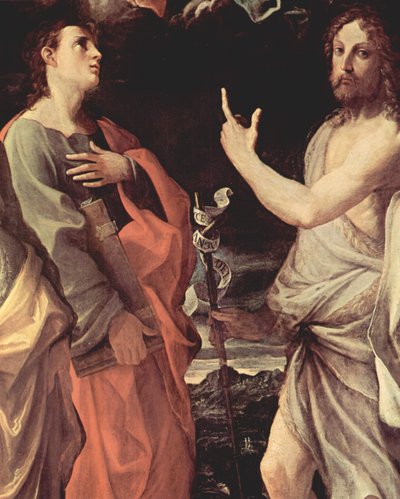 Italsky: Korunovace Panny Marie se svatými Janem Evangelistou, Janem Křtitelem, Bernardem a Kateřinou Alexandrijskou, detail: sv. Jan Evangelista a sv. Jan Křtitel od Guido Reni