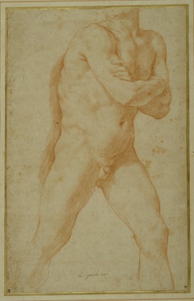 Nahý muž kráčí vpřed, se založenýma rukama a dívá se přes toto pravé rameno (červená křída na krémovém papíře) od Guido Reni