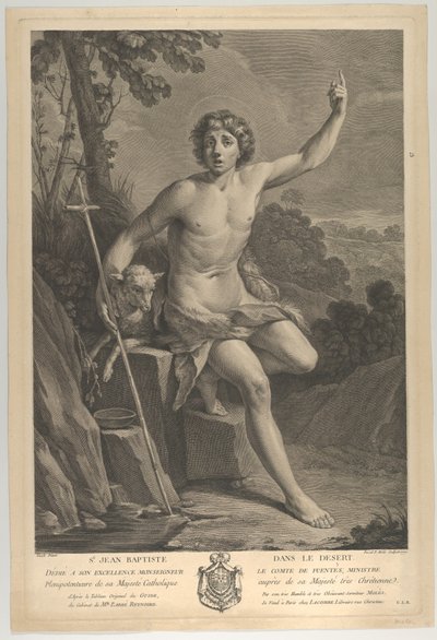 Svatý Jan Křtitel v poušti, sedící na skále a směřující vzhůru levým h..., 1770 od Guido Reni