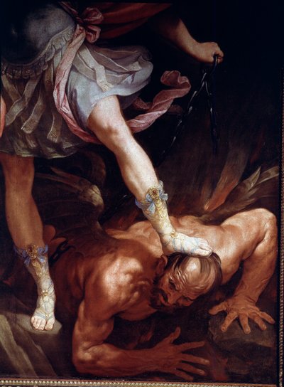 Svatý Michael drtí hlavu démona. Detail sandálových bot (Silk Painting od Guido Reni