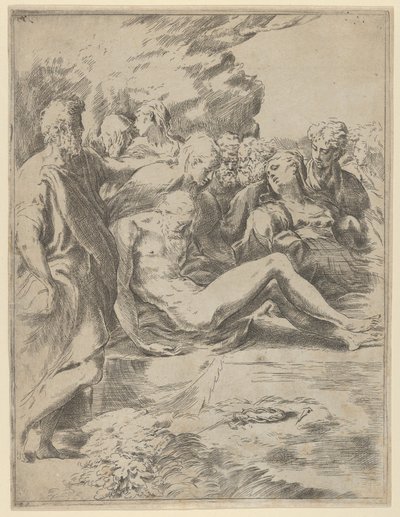 Pohřeb, Kristus s roztaženýma nohama, Panna vpravo, 1590-1600. od Guido Reni