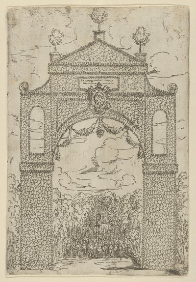Triumfální oblouk pokrytý listím s nasazenými jednotkami pod ním, dočasná dekorace pro č..., 1599. od Guido Reni