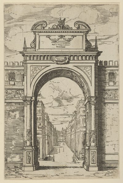 Triumfální oblouk převýšený sochou Mojžíše, budovy viděné obloukem pod ním, t..., 1598. od Guido Reni