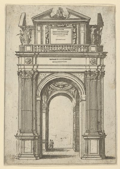 Triumfální oblouk překonaný ženou sedící na delfínovi, pod ním čtyři stojící postavy, tem..., 1598. od Guido Reni