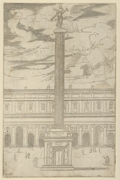 Triumfální sloup s ženskou postavou Slávy držící na vrcholu trubku, dočasný dekor..., 1598. od Guido Reni