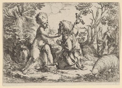 Mladý svatý Jan Křtitel klečící před dítětem Kristem, který hladí jeho f..., ca. 1600-1640. od Guido Reni