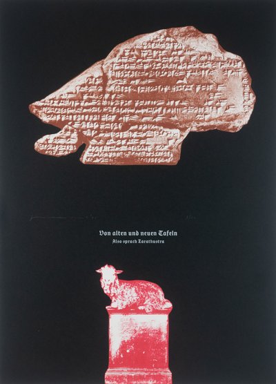 Na starých a nových tabulích,Tak pravil Zarathustra, 2025 (dřevoryt a sítotisk) od Guilherme Pontes