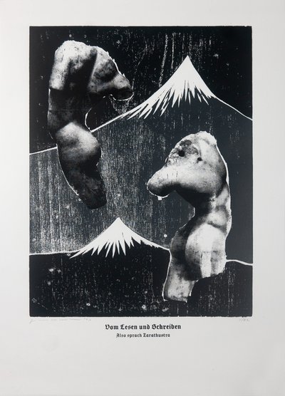 O čtení a psaní (bílá), Tak pravil Zarathustra, 2023 (dřevoryt a sítotisk) od Guilherme Pontes