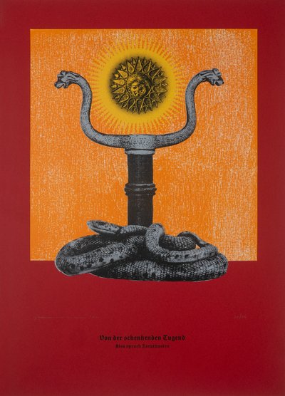 O ctnosti dávání darů, Tak pravil Zarathustra, 2024 (dřevoryt a sítotisk) od Guilherme Pontes