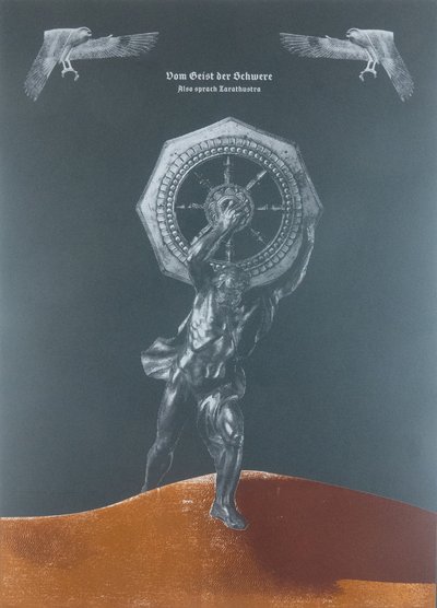 O duchu gravitace,Tak pravil Zarathustra, 2025 (dřevoryt a sítotisk) od Guilherme Pontes