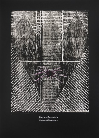O tarantuli, Tak pravil Zarathustra, 2024 (dřevoryt a sítotisk) od Guilherme Pontes
