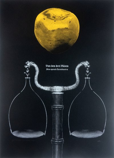 O třech zlech,Tak pravil Zarathustra, 2025 (dřevoryt a sítotisk) od Guilherme Pontes