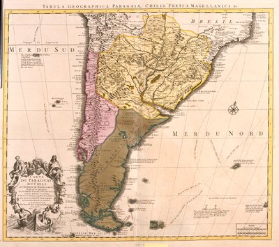 Chile (s výjimkou severu), Argentina, Paraguay, Uruguay, nejjižnější Brazílie, Falklandy. od Guillaume Delisle
