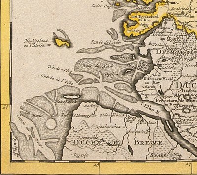 Detail Helgolandu z mapy Dánska, 1730 od Guillaume Delisle