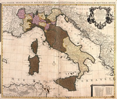 Mapa Itálie s Korsikou, Sardinií a Sicílií (lept od Guillaume Delisle