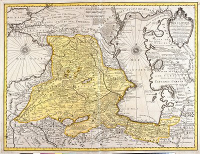 Mapa sousedních zemí Kaspického moře (Rusko, Arménie, Persie, Kazachstán, Turkmenistán) (lept od Guillaume Delisle