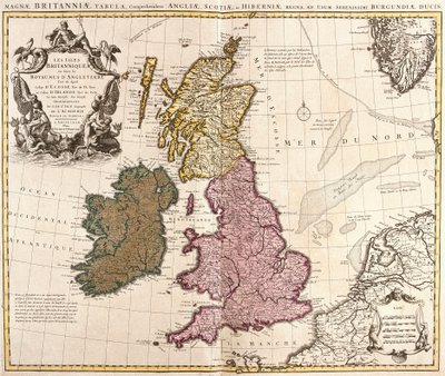 Mapa Britských ostrovů, Anglického království, Skotska a Irska (lept od Guillaume Delisle