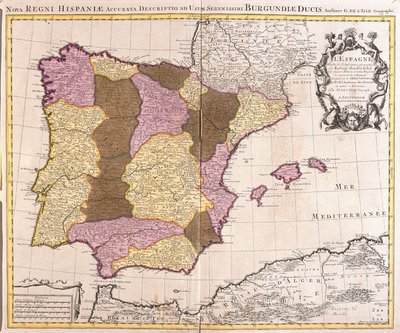 Mapa Pyrenejského poloostrova, Portugalského království a Španělska (lept od Guillaume Delisle
