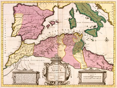 Maroko, severní Alžírsko, Tunisko, severozápadní Libye, Španělsko, Portugalsko, Itálie (kromě severu). od Guillaume Delisle
