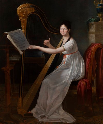 Portrét Adèle Papin hrající na harfu od Guillaume Guillon Lethière
