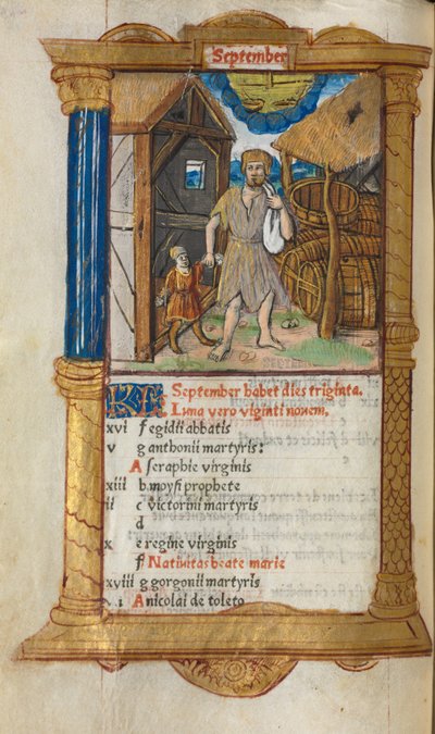 Tištěná kniha hodin (Řím): fol. 10v, ilustrace kalendáře na září od Guillaume Le Rouge
