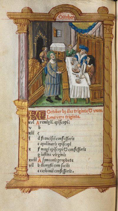 Tištěná kniha hodin (Řím): fol. 11v, říjnová kalendářní strana od Guillaume Le Rouge
