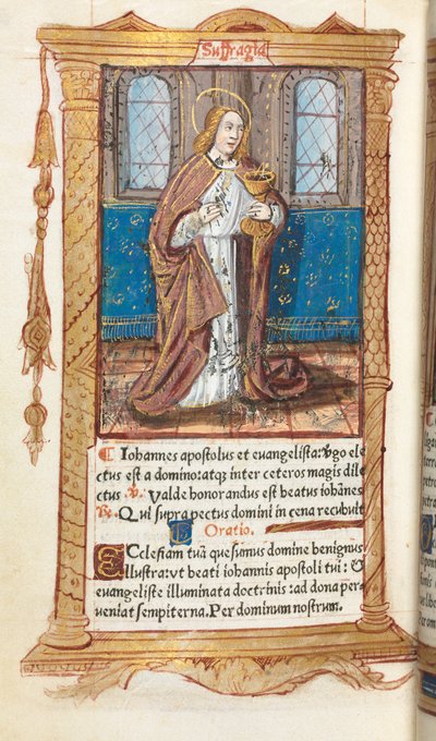 Tištěná kniha hodin (římské užití): fol. 98v, sv. Jan Evangelista od Guillaume Le Rouge