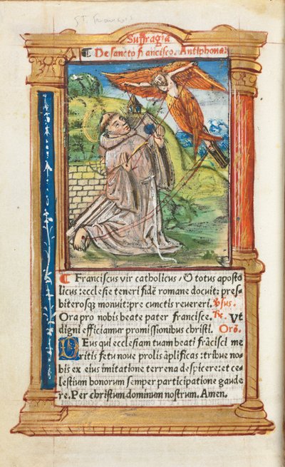 Tištěná kniha hodin Použití Říma: fol. 106v, svatý František z Assisi, 1510. od Guillaume Le Rouge