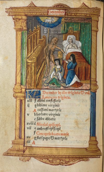 Tištěná kniha hodin Použití Říma: fol. 13v, strana prosincového kalendáře, 1510. od Guillaume Le Rouge