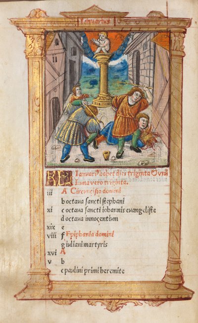 Tištěná kniha hodin Použití Říma: fol. 2v, ilustrace lednového kalendáře, 1510. od Guillaume Le Rouge