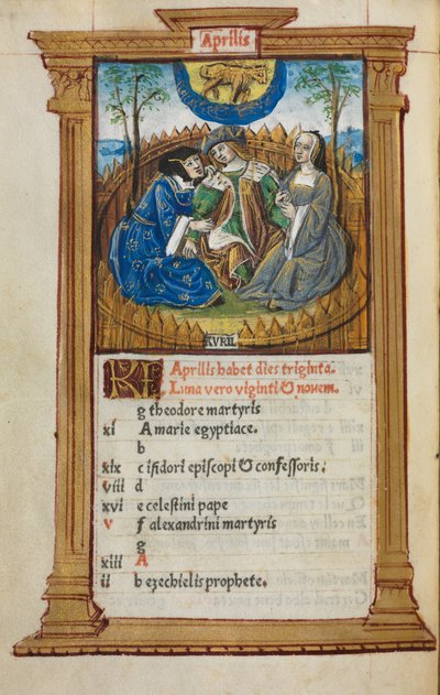 Tištěná kniha hodin Použití Říma: fol. 5v, ilustrace dubnového kalendáře, 1510. od Guillaume Le Rouge