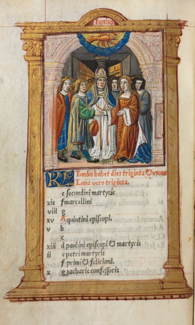 Tištěná kniha hodin Použití Říma: fol. 7v, ilustrace kalendáře června, 1510. od Guillaume Le Rouge