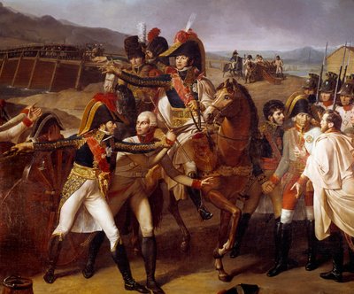 Překvapení táborského mostu na Dunaji 14. 11. 1805 Vítězství marechaux Lannes a Murat nad princem z Auerspergu. Detail zobrazující Jeana Lannese, vévodu z Montebella (1769-1809), Joachima Murata (1787-1815) během prvního tažení na Dunaj. Bolest od Guillaume Lethiere