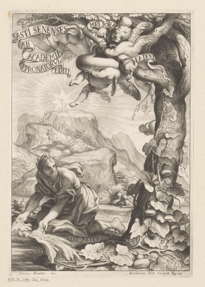 Alegorické znázornění uznávané ženy zalévající tykev; v pozadí postavy vystupují na horu Titulní strana pro: Giovanni Baptista Ferrari, Fasti Senenses, Ab Academia Intronatorum Editi, 1661 od Guillaume Vallet
