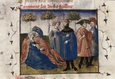 Galantní scéna dvořanů, miniatura v „Roman de la Rose“ od Guillauma Lorrise od Guillaume de Lorris
