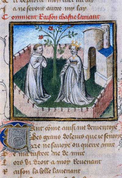 Znázornění páru milenců u růže, miniatura v "Roman de la Rose" od Guillaume de Lorris