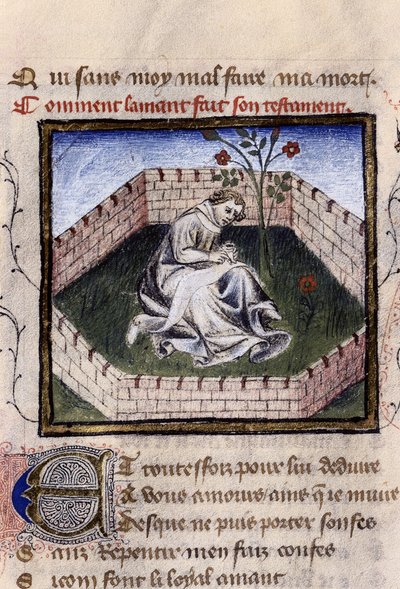 Znázornění mladého zamilovaného chlapce v zahradě rozkoší při objevování Narcisovy fontány, miniatura v „Roman de la Rose“ od Guillauma Lorrise od Guillaume de Lorris