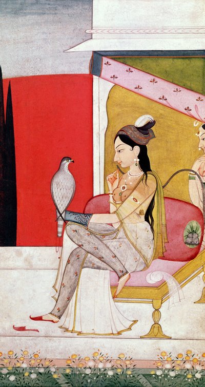 Dáma s jestřábem, Pahari Style, Punjab Hills, cca 1750 (malba na papíře) od Guler School