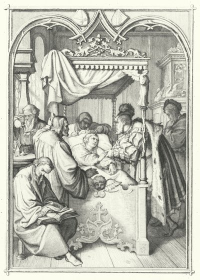 John, saský kurfiřt, navštěvuje Martina Luthera v nemocnici (rytina) od Gustav Ferdinand Leopold Konig