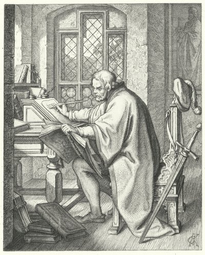 Martin Luther zahajuje překlad Bible na hradě Wartburg (rytina) od Gustav Ferdinand Leopold Konig
