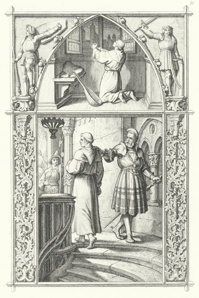 Martin Luther v modlitbě, když se připravuje na Diet of Worms (nahoře). Georg von Frundsberg povzbuzuje Martina Luthera (dole) (rytina) od Gustav Ferdinand Leopold Konig