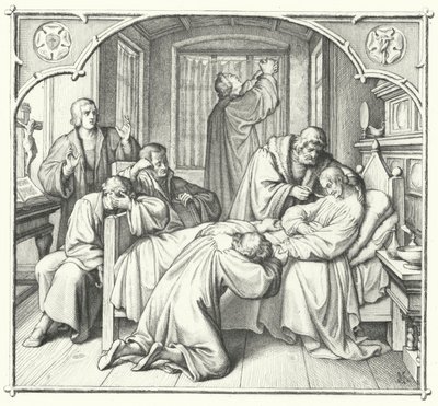 Martin Luther se modlí u smrtelné postele Philipa Melanchtona (rytina) od Gustav Ferdinand Leopold Konig